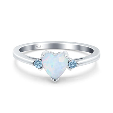 Art Deco Heart Three Stone Wedding Ring Aquamarine Lab Created White Opal 925 Sterling Silver